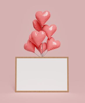 heart shaped balloons holding a blank frame. valentine's day concept, greeting card and decoration. 3d rendering