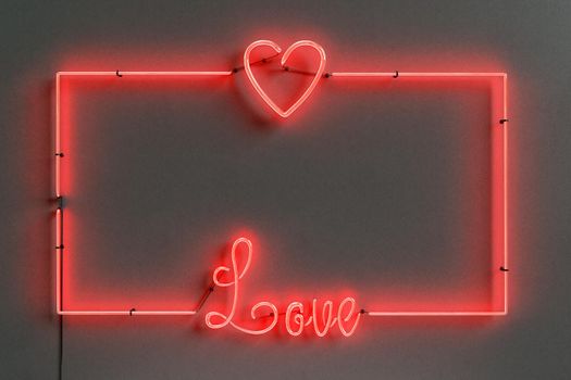 neon frame with a heart and the word LOVE. valentine's day concept, greeting card and decoration. 3d rendering