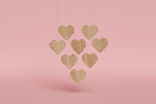 wooden hearts hanging with heart shape on red background. minimal concept of valentine, love, greeting card and love. 3d rendering