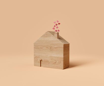 wooden house with little hearts coming out of the chimney. valentine's day concept, love, home and family. 3d rendering