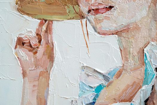 Girl in a straw hat on a white background. Oil painting on canvas.
