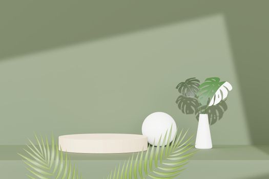 3d render of abstract pedestal podium display with Tropical Monstera leaves. Product and promotion concept for advertising. Green natural background.