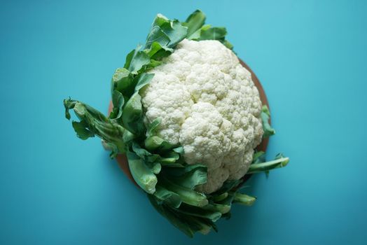 top view of Cauliflower on light green background .