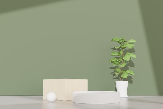 3d render of abstract pedestal podium display with Tropical Monstera leaves. Product and promotion concept for advertising. Green natural background.