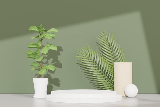 3d render of abstract pedestal podium display with Tropical Monstera leaves. Product and promotion concept for advertising. Green natural background.