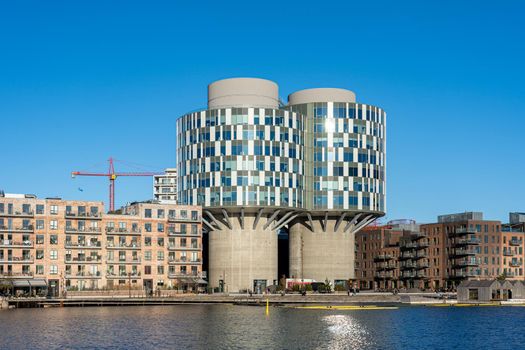 Copenhagen, Denmark - January 06, 2022: View of the Portland Towers, two silos converted into office bildings in the Nordhavn district.