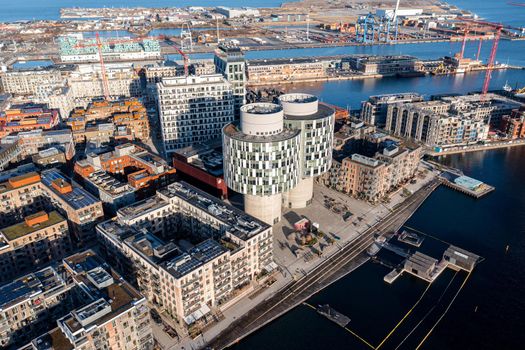 Copenhagen, Denmark - January 06, 2022: Drone view of the Portland Towers, two silos converted into office bildings in the Nordhavn district.