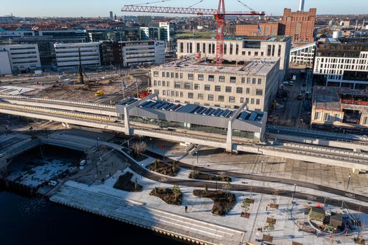 Copenhagen, Denmark - January 06, 2022: Aerial drone view of Orientkaj Metro Station in Nordhavn district.
