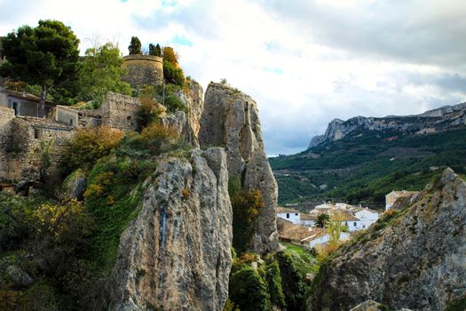Beautiful view of Guadalest village surrounded by vegetation, mountains and the walls of the Castle