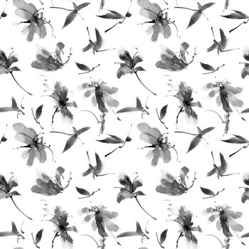 Ink painting of flowers and leaves on white background - seamless pattern. Oriental traditional painting in style sumi-e.