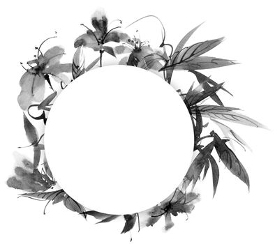 Ink painting of flowers and leaves on white background. Oriental traditional painting in style sumi-e.