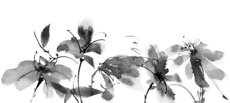 Ink painting of flowers and leaves on white background. Oriental traditional painting in style sumi-e.