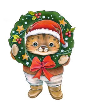 Kitten with a Christmas wreath watercolor hand drawing.. Cute kitten santa claus in a hat. The design is suitable for greeting cards, publications in books, packaging, etc.