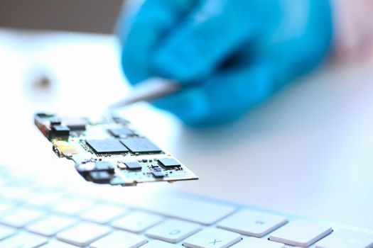 Engineer holds motherboard processor spare part with tweezers. Computer hardware concept