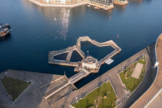 Copenhagen, Denmark - January 10, 2022: Aerial drone view of the Sluseholmen harbour bath.