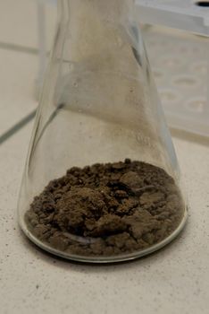 Glassware with soil samples. Laboratory research. Close-up.