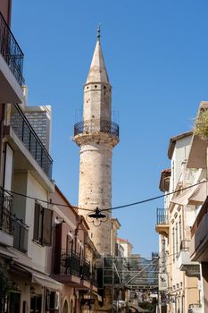 Crete, Greece - September 22, 2021: Exterioer view of Ahmet Aga Minaret in Chania Town