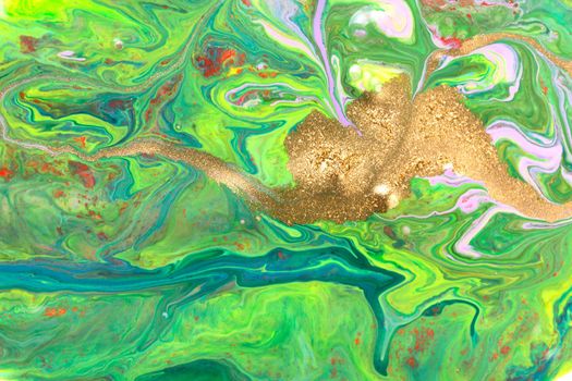 Abstract green wave mix ink texture with gold dust