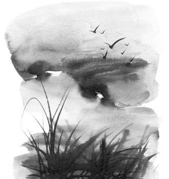 Ink painting of landscape with cloudy thunderstorm sky, grass and flying birds. Oriental traditional painting in style sumi-e.