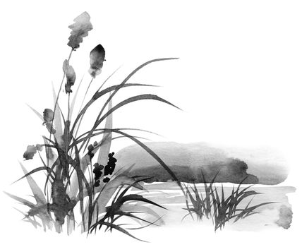 Ink painting of landscape with grass. Oriental traditional painting in style sumi-e.