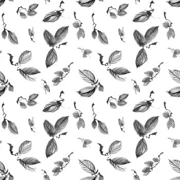 Ink painting of leaves on white background. Oriental traditional painting in style sumi-e. Seamless pattern.