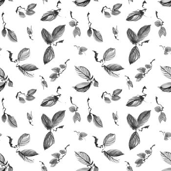 Ink painting of leaves on white background. Oriental traditional painting in style sumi-e. Seamless pattern.