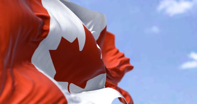 Detailed close up of the national flag of Canada waving in the wind on a clear day. Democracy and politics. North american country. Selective focus.