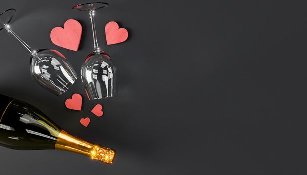 top view of a champagne bottle with two glasses and wooden hearts with copy space. concept of valentine's day, love, anniversary, dating, birthday and celebration. 3d rendering