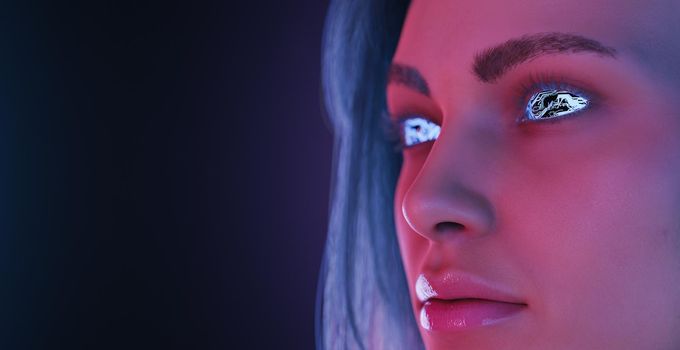 close-up portrait of a 3d girl with digital eyes and neon lighting. concept of digitalization, future, nft, metaverse and technology. 3d rendering