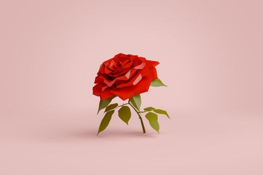 minimalist lowpoly rose on red background. 3d rendering