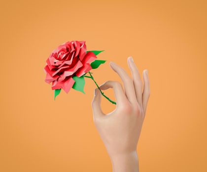 hand holding a lowpoly rose. gift concept, digital gift, nft and valentine's day. 3d rendering