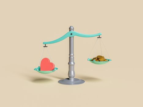 scale with a heart on the heavier side and coins on the lighter side. valentine's day concept, love, economy and priorities. 3d rendering