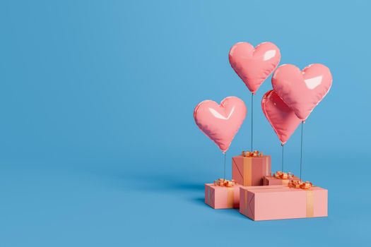 gift boxes with heart balloons on top and space for text. concept of valentine, gifts, anniversary, birthday and love. 3d rendering