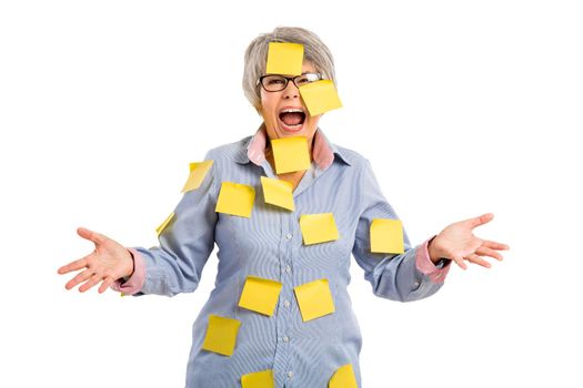 Portrait of a elderly woman with yellow notes all over the body