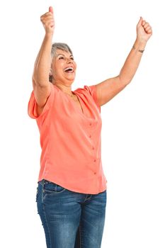 Happy old woman with both arms on the air, isolated on a white background