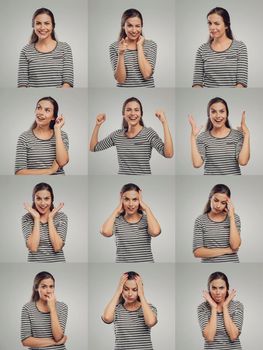 Multiple portraits of the same woman doing diferent expressions