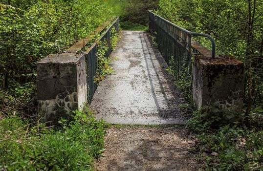 Small old concrete bridge, fence rusted, covered with thick vegetation with green forest around.