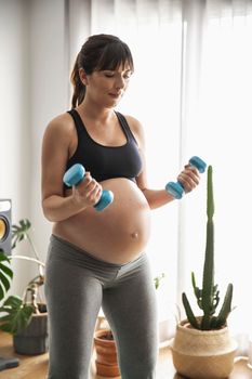 Pregnant woman doing exercises at home