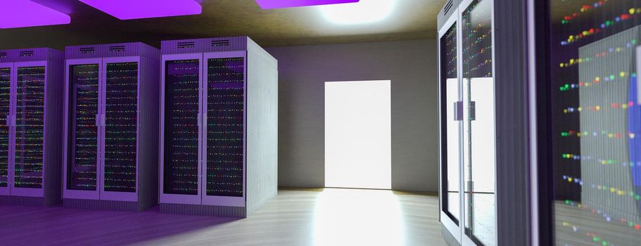 Server. Server racks in server room cloud data center. Datacenter hardware cluster. Backup, hosting, mainframe, mining, farm and computer rack with storage information. 3d illustration