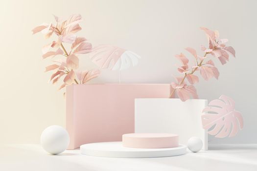 3d render of abstract pedestal podium display with Tropical leaves and coral pink pastel plant scene. Product and promotion concept for advertising. Blue pastel natural background.