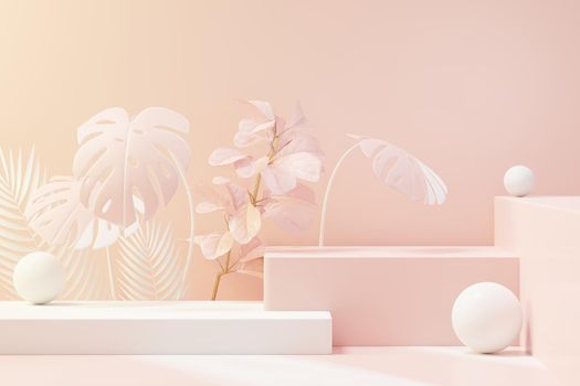 3d render of abstract pedestal podium display with Tropical leaves and coral pink pastel plant scene. Product and promotion concept for advertising. Blue pastel natural background.