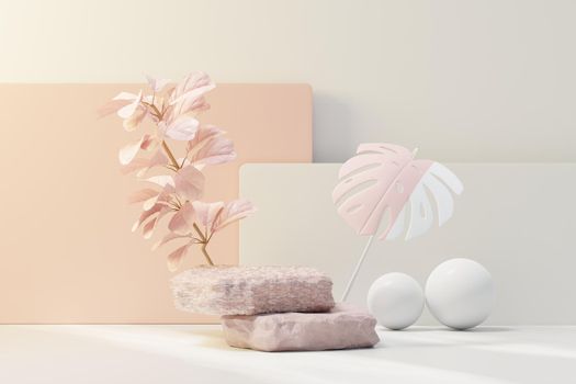 3d render of abstract pedestal podium display with Tropical leaves and coral pink pastel plant scene. Product and promotion concept for advertising. Blue pastel natural background.
