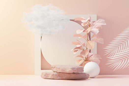 3d render of abstract pedestal podium display with Tropical leaves and coral pink pastel plant scene. Product and promotion concept for advertising. Blue pastel natural background.