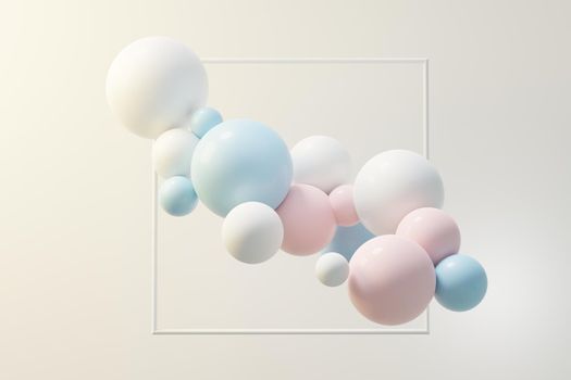 3d render of pastel ball, soaps bubbles, blobs that floating on the air isolated on pastel background. Abstract scene.