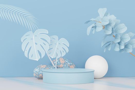 3d render of abstract pedestal podium display with Tropical leaves and Blue pastel plant scene. Product and promotion concept for advertising. Blue pastel natural background.