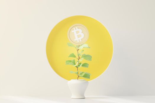 3d render of bitcoin plant in cashless concept. Minimal pastel scene. Growth financial model. Defi crypto concept. Investment management