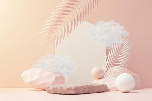 3d render of abstract pedestal podium display with Tropical leaves and coral pink pastel plant scene. Product and promotion concept for advertising. Blue pastel natural background.