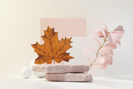 3d render of abstract pedestal podium display with Tropical leaves and coral pink pastel plant scene. Product and promotion concept for advertising. Blue pastel natural background.