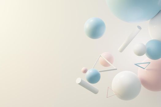 3d render of pastel ball, soaps bubbles, blobs that floating on the air isolated on pastel background. Abstract scene.