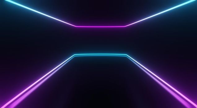 3d render of RGB neon light on darkness background. Abstract Laser lines show at night. Ultraviolet spectrum beam scene for mock up and web banner.